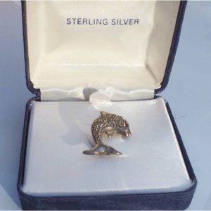 Sterling Silver Dolphin Brooch With Red Gem Eye and Storage Box, Silver Accents